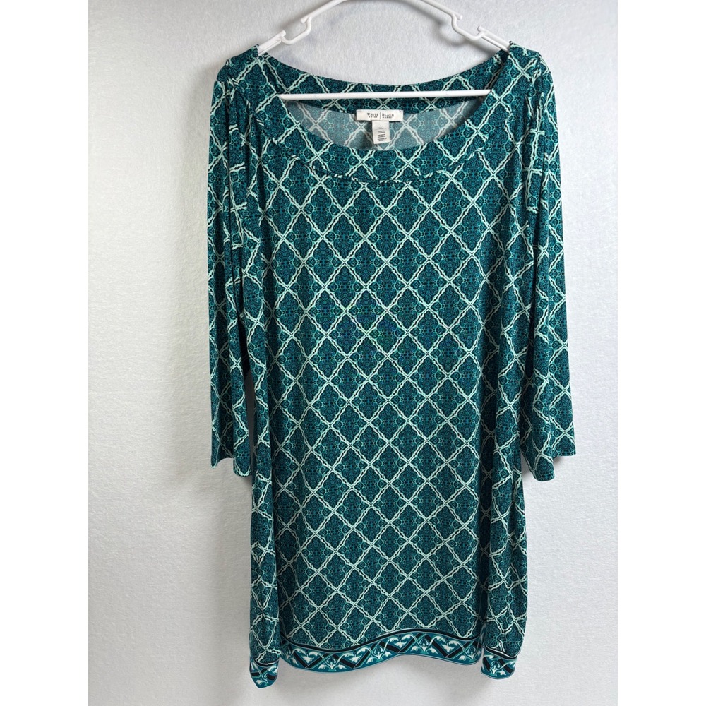 White House Black Market Teal Geometric Damask Tunic Top 3/4 Sleeve XL